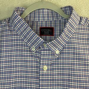 UNTUCKit Button Down Shirt Mens 3XL Blue Red Gingham Plaid Kemmeter Short Sleeve